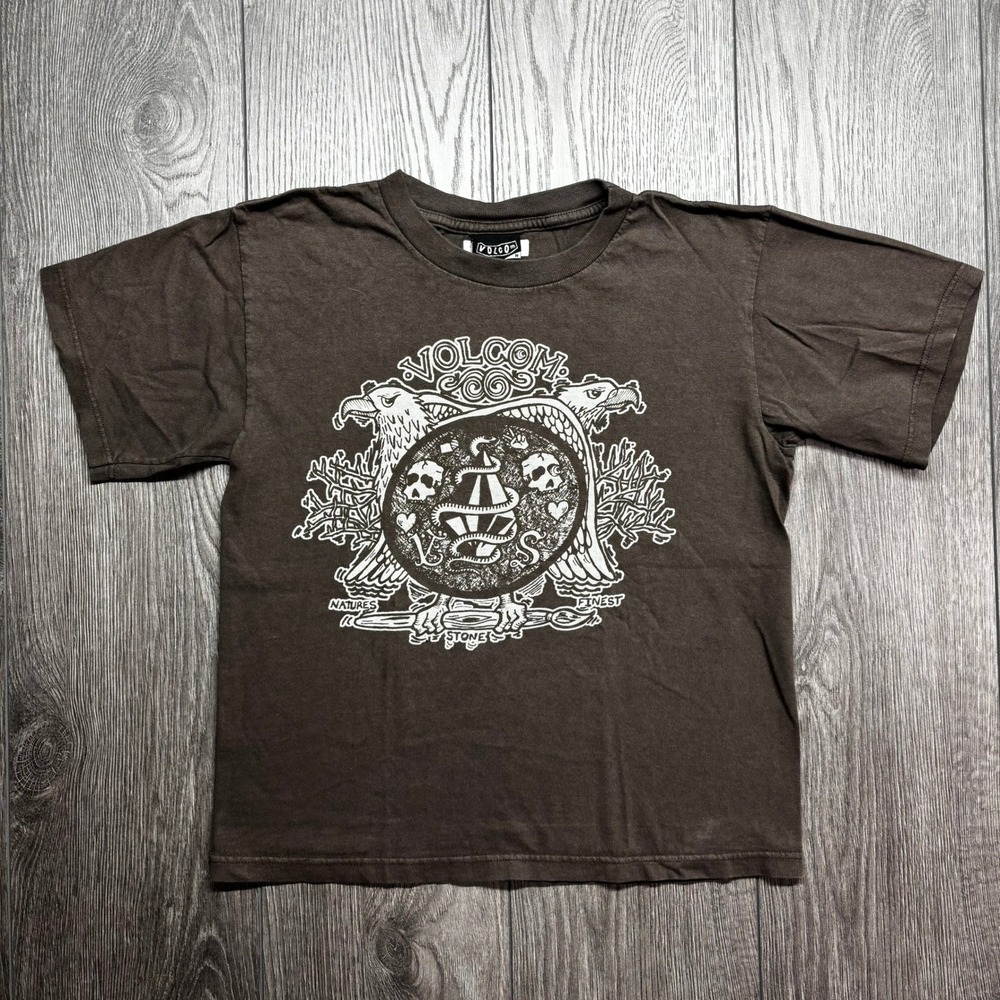 Volcom Womens Medium Brown Graphic Vtg Shirt Y2k Baby Tee Skater Eagle Skull